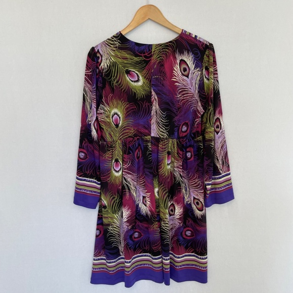 Oleg Cassini Long Sleeve Faux Wrap Dress Peacock Feathers Size 12 - Picture 4 of 6